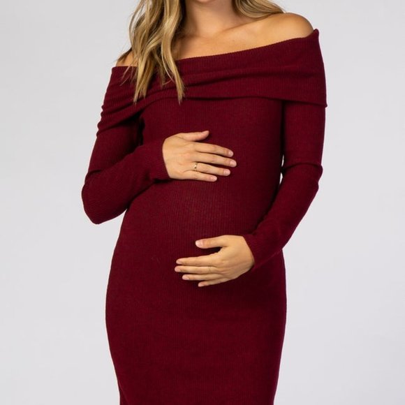 Ribbed Folded Neck Off Shoulder Maternity Dress - Picture 1 of 3